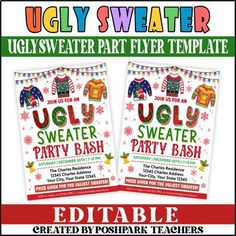 Holiday Ugly Sweater Party Flyer Template | School PTO PTA Holiday Event Food Drive Flyer, Ugly Sweater Party Invitations, Ugly Sweater Diy, Ugly Sweater Contest, School Pto, Party Flyer Template, Invitation Flyer, Client Appreciation, Ugly Sweater Party