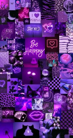 a collage of purple images with words and pictures on them that say be happy