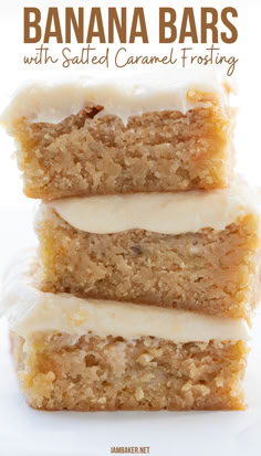 Three banana bars are stacked on top of each other on a white countertop. Banana And Caramel Desserts, Banana Salted Caramel Cake, Banana Cake With Salted Caramel Frosting, Desserts With Old Bananas, Banana Easter Dessert, Not Overly Sweet Desserts, Simple Bar Recipes, Carmel Desserts Bars, Brown Butter Banana Bars