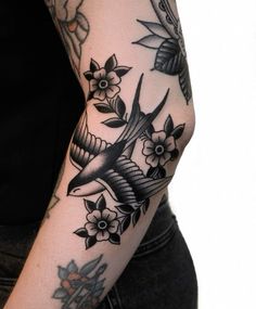 Black And Grey Elbow Tattoo, Dark Traditional Tattoo Flash, Traditional Cherries Tattoo, Black And White American Traditional Sleeve, Black And Grey American Traditional Tattoo, Trad Tattoo Sleeve, Traditional Ornamental Tattoo, Black American Traditional Tattoo, Traditional Leg Tattoo