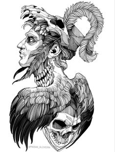 a black and white drawing of a woman with feathers on her head