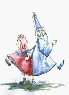 an illustration of two people dressed as wizard's and princesses, one in blue and the other red