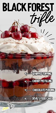 a cake with cherries and whipped cream on top is labeled in the words black forest triple