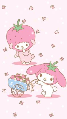 an image of two cartoon animals with strawberries on their heads and one holding a baby carriage