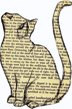 a drawing of a cat sitting on top of a book page with words written in it