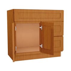 an open cabinet with doors and drawers on the bottom shelf is shown against a white background