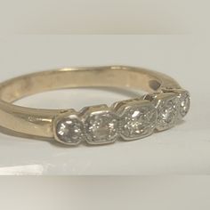 This Gorgeous Antique Band Consists Of 5 Stones. From The Art Deco Era, It Was Common To Mix Metals During This Time. Platinum And Yellow Gold. Diamonds Are Very White And Sparkles Like Crazy. I Can Only Give An Appropriate Weight Due To The Nature Of The Setting. About 1/2 Ctw. Currently A Size 6 5 And Easily Sizable By Any Local Jeweler. Make Me An Offer! Wedding Ring Stack, Vintage Wedding Bands, Medieval Ring, Medieval Rings, Stack Ring, Ring Stack, Diamond Wedding Ring, Diamond Rings Bands, Antique Diamond