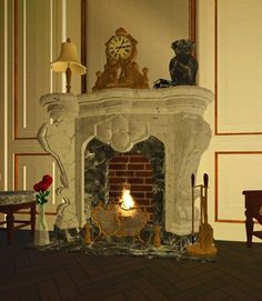 a living room with a fireplace and clock on the mantle