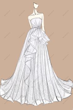 Strapless Designer Lace A-line Ruffled Bridal Gown Sketch Sketches Of Fashion Design, Gowns Dresses Sketch, Ballgown Sketch Dress Designs, Ruffle Dress Illustration, Wedding Dress Art Drawing, Wedding Gown Sketches Design, Outfit Sketches Fashion, How To Be A Fashion Designer, Fashion Outfits Sketches