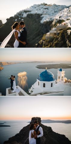 two different shots of a bride and groom on top of a mountain in front of the ocean