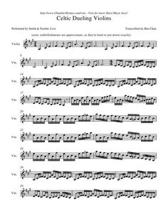 sheet music with the words cello dueling violins written in black ink on white paper