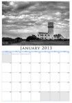 a calendar with an image of a lighthouse and clouds in black and white, for january 2013