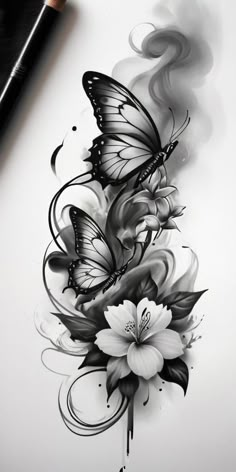 a black and white drawing of flowers with butterflies on the top of each flower, next to a pencil