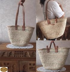 a woman is sitting on a chair with a large basket in front of her and another photo of the same bag