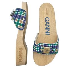 Ganni X Dr. Scholl's Plaid Canvas Original Clog Wooden Sandal Women’s Size 7 Nib A Smooth, Natural Beechwood Footbed Extends The Vintage Appeal Of A Handcrafted Slide Sandal Finished With A Buckle Strap And Ganni-Branded Nail-Head Rivets. Adjustable Strap With Buckle Closure Contoured Footbed For Comfort And Support Ganni Plaid Textile Upper, Leather Lining/Synthetic Sole Brand: Ganni X Dr. Scholl’s Color: Iris Plaid (Blue, Green, Purple, Tan, Cream) Size: 7 | 38 Heel: 1.50” Heel, .75” Platform Material: Textile, Leather, Wool Condition: New In Box, No Lid Origin: Italy Marked Sizes Will Vary By Designer. All Measurements Are Approximate And Taken Flat In Inches. To Ensure A Good Yo Yo Sandals, Dr Scholls Sandals, Green Sandals, Wooden Sandals, Black Platform Sandals, Rubber Sandals, Heeled Mules Sandals, Red Sandals, Wooden Clogs