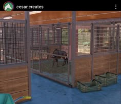 an animal in a caged area with other animals and crates on the floor below