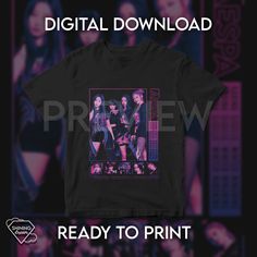 Black Kpop T-shirt With Graphic Design, Pink Band Merch T-shirt With Custom Print, Kpop Black T-shirt With Graphic Print, Dft Printing, Dtf Printing, Customise T Shirt, Types Of Printer, Design Digital, T Shirt Design