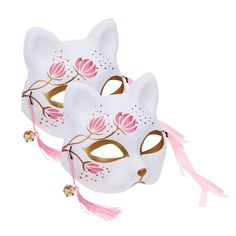 two white masks with pink flowers and leaves on the sides, one has a cat's face