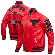 Rock this Chicago Bulls Old English Logo Full-Snap Satin Jacket from Pro Standard to show off your pride. This Chicago Bulls jacket features heat-sealed team logo patches on the front and back, letting you show off your fandom in style. With its satin fabric and rib-knit accents, this jacket effortlessly combines a classic look with modern flair. Red Sports Outerwear With Letter Print, Sports Season Fan Gear Track Jacket, Red Letter Print Sports Outerwear, Fan Gear Track Jacket For Sports Season, Sporty Red Outerwear For Game Day, Red Sporty Outerwear For Game Day, Casual Long Sleeve Varsity Jacket For Fans, Fall Team Spirit Track Jacket For Streetwear, Fall Streetwear Track Jacket With Team Spirit