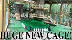 the inside of a tree house with a green lawn and white fenced in area