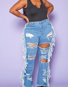 "Plus size women's denim jean in distressed style, side fringe detail, belt loop holes, pocket ascent and wide leg hem.(99% Cotton 1% Spandex) No stretch Model Info: Height: 5'10\" Bust: 42\" Waist: 37\" Hip: 54\" Model is wearing 2XL" Distressed Wide Leg Jeans, Fringe Jeans, Side Fringe, Star Jeans, Womens Jeans, Women Denim Jeans, Denim Jean, Ripped Jean, Wide Leg Jeans