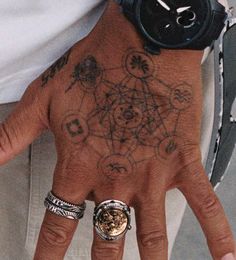 a man with tattoos on his hand holding onto a watch and wearing two different rings