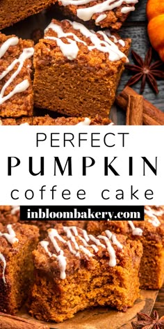 pumpkin coffee cake with white icing on top and cinnamon spice in the background text reads perfect pumpkin coffee cake