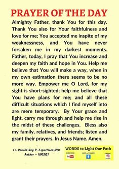 an image of a prayer card with the words prayer of the day written on it