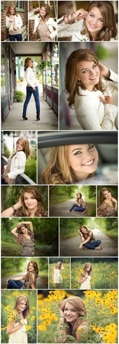 a collage of photos with the same woman smiling and posing in front of yellow flowers