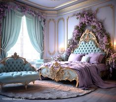 a fancy bedroom is decorated in blue and purple colors with flowers on the walls, along with an ornate bed