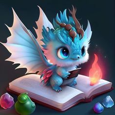 a little blue dragon sitting on top of an open book next to crystals and fire