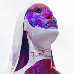 a woman's head is covered in multicolored paint