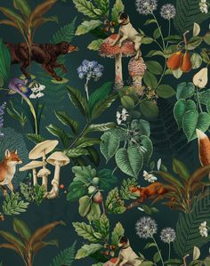 an image of a forest scene with animals and plants on the wallpaper in this room