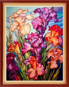 a painting of colorful flowers in a wooden frame