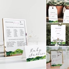 wedding stationery and seating cards with succulents in the background, including an easel