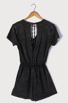 Lulus Exclusive! The Lulus Casual Cutie Washed Black Short Sleeve Romper is the easiest way to look cute this season! Garment-washed cotton stretch knit shapes this romper that has a V-neckline, short sleeves, and a blousy bodice with a back keyhole and tying closure at the neck. An elasticized waist tops flowy shorts to complete the look. Fit: This garment fits true to size. Length: Above mid-thigh. Size small measures 30.5" from shoulder to hem. Bust: Great for any cup size. Waist: Fitted - el Summer Cotton Jumpsuits And Rompers With Short Sleeves, Summer Cotton V-neck Jumpsuits And Rompers, Summer Cotton V-neck Jumpsuit, Cotton V-neck Jumpsuits And Rompers For Summer, Chic Cotton V-neck Jumpsuits And Rompers, Summer Relaxed Fit V-neck Jumpsuits And Rompers, Summer V-neck Jumpsuits And Rompers With Relaxed Fit, Summer V-neck Relaxed Fit Jumpsuits And Rompers, Casual Cotton V-neck Jumpsuits And Rompers