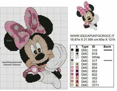 the minnie mouse cross stitch pattern is shown in pink and white with a bow on it's head