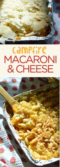 two pictures of different types of macaroni and cheese in pans on a table