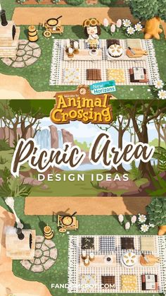 an animal crossing picnic area is shown in this graphic art workbook, which features animals and