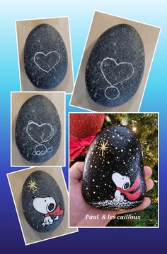 three pictures of rocks with drawings on them and one has a christmas ornament