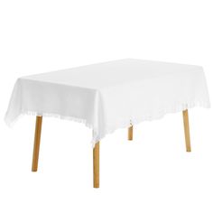 a white table cloth with wooden legs