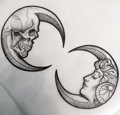 a drawing of two skulls and a woman's face in the shape of a crescent