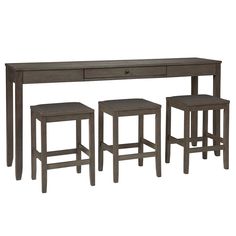 three stools and a table with two tables on top of each one, all in grey wood