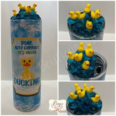 there are four pictures of ducklings in a canister and one is blue with yellow rubber ducks