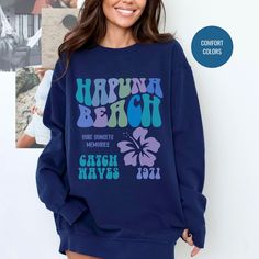 "Hawaiian Shirt | Kauai Gift | Aloha Shirt | Matching Family Outfits | Hawaii Shirt | Hawaii Gift Beach Hoodies: https://etsy.me/37eabgO Beach Shirts:  https://etsy.me/3yYlNg9GgbDf8 Beach Sweatshirts: https://etsy.me/3pdRnVI OUR SIZING IS ADULT UNISEX. This means it will be larger than normal women's sizing.  Please see photos for size charts 🌻 Please read the full description:   This hoodie/sweatshirt sizing is NOT oversized.  You need to order at least 1-2 sizes larger for the extra baggy loo Blue Graphic Print Sweatshirt For The Beach, Graphic Print Crew Top For Surfing, Blue Cotton Beach Sweatshirt, Blue Cotton Sweatshirt For Beach, Casual Graphic Print Sweatshirt For Surfing, Cotton Graphic Print Sweatshirt For Surfing, Cotton Crew Neck Sweatshirt For Surfing, Outfits Hawaii, Beach Hoodies