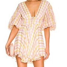 For Love & Lemons Never Worn Yellow Puff Sleeve Dress For Summer, Yellow Puff Sleeve Mini Dress For Summer, Yellow Puff Sleeve Mini Dress For Spring, Yellow Puff Sleeve Dress For Spring, Fitted Yellow Puff Sleeve Mini Dress, Yellow Puff Sleeve Mini Dress With Ruffles, Yellow Fitted Mini Dress With Puff Sleeves, Feminine Yellow Mini Dress, Yellow Puff Sleeve Day Dresses