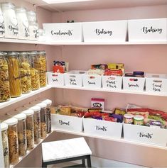 the pantry is stocked with many different types of food and snacks, including pasta noodles