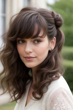 27+ Updo Hairstyles With Bangs 15 Event Hairstyles With Bangs, Half Up Dos For Medium Hair With Bangs, Half Up Wedding Hair With Bangs, Bridal Hairstyles Bangs, Romantic Hairstyles Medium Length, Half Updo With Bangs, Bridesmaid Hair With Bangs, Wedding Updo With Bangs, Bridal Hair With Bangs