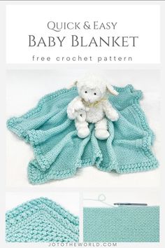 a crocheted blanket with a teddy bear on it and the text, quick & easy baby blanket free crochet pattern