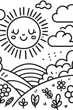 a black and white drawing of the sun over a hill with flowers, clouds and trees